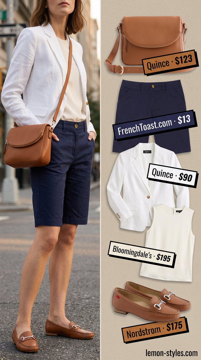Classic summer outfit for women over 50 2026: Navy Bermuda shorts, white blazer, and cognac loafers for city exploration.