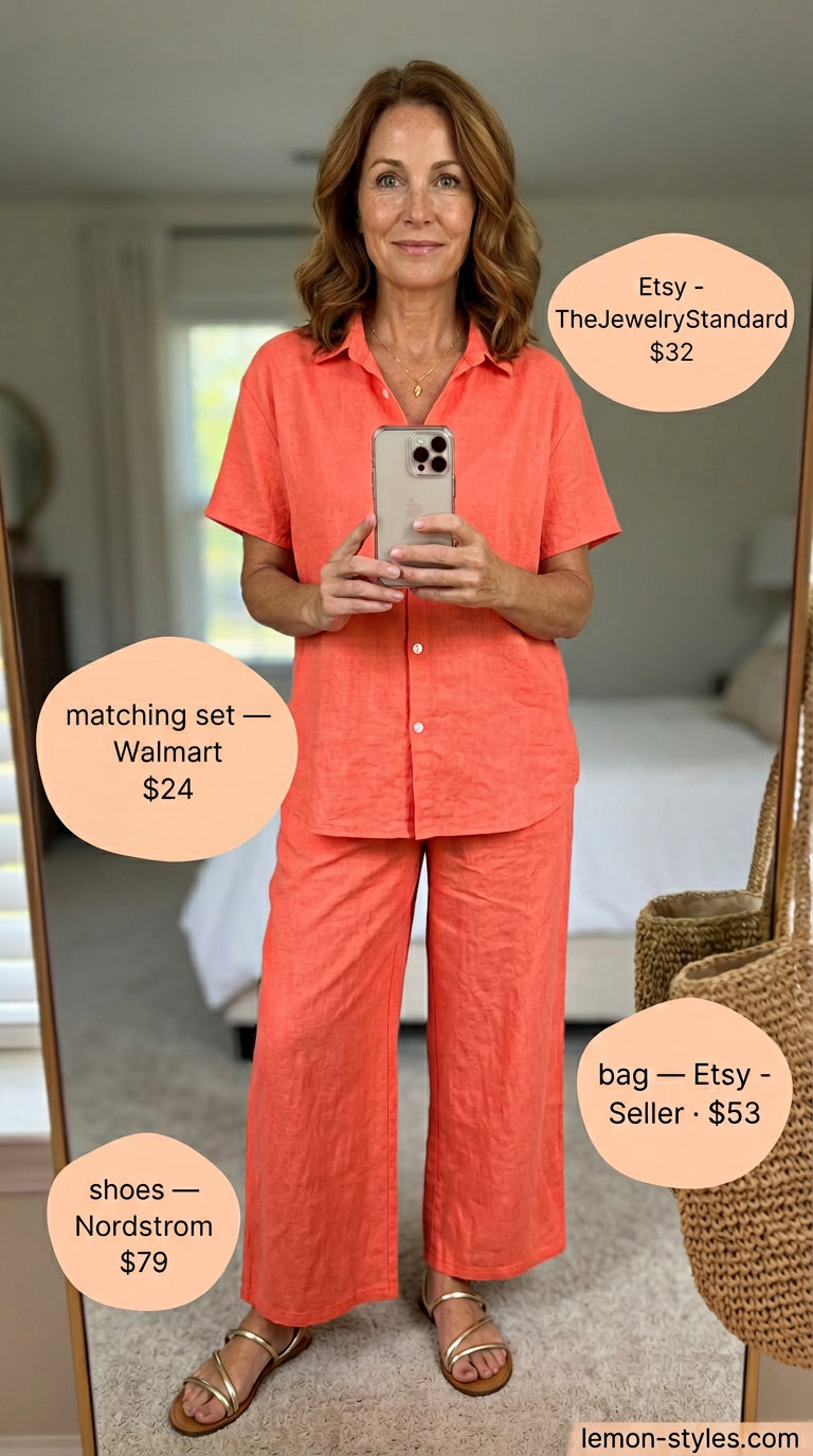 Classic summer outfit for women over 50 2026: Coral matching set, straw bag, gold sandals for beach vacation.