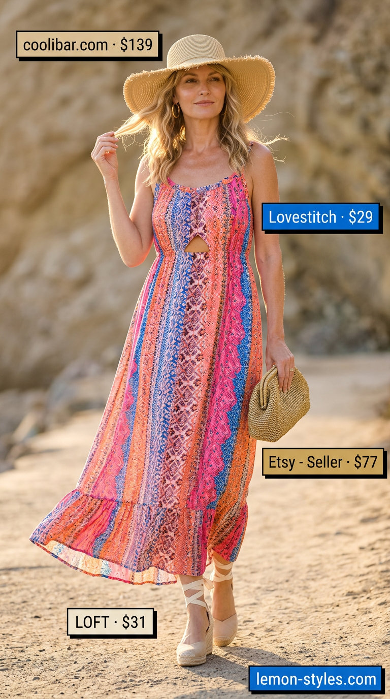 Classic summer outfit for women over 50 2026: Coral maxi dress, straw hat, espadrilles for resort.