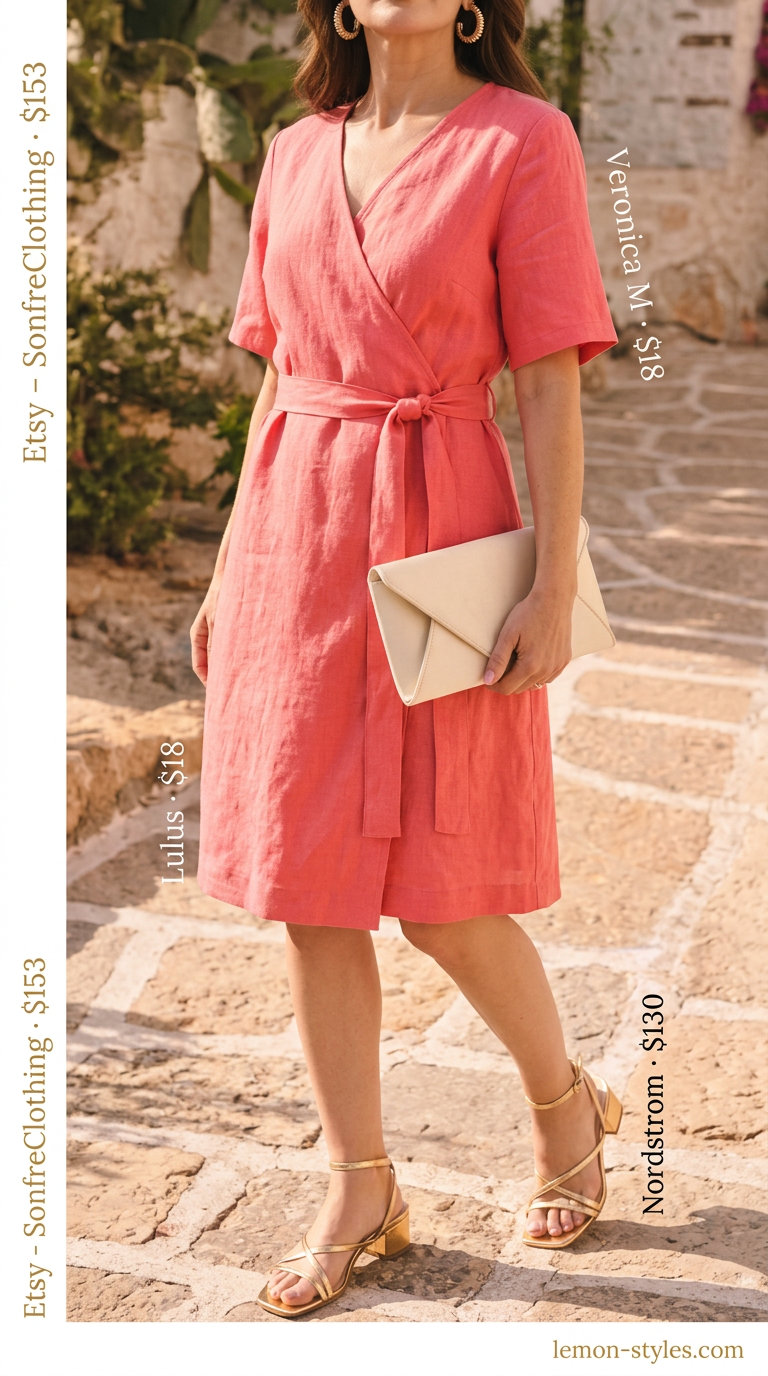 Classic summer outfit for women over 50 2026: Coral pink wrap dress, beige clutch, gold earrings for garden party.