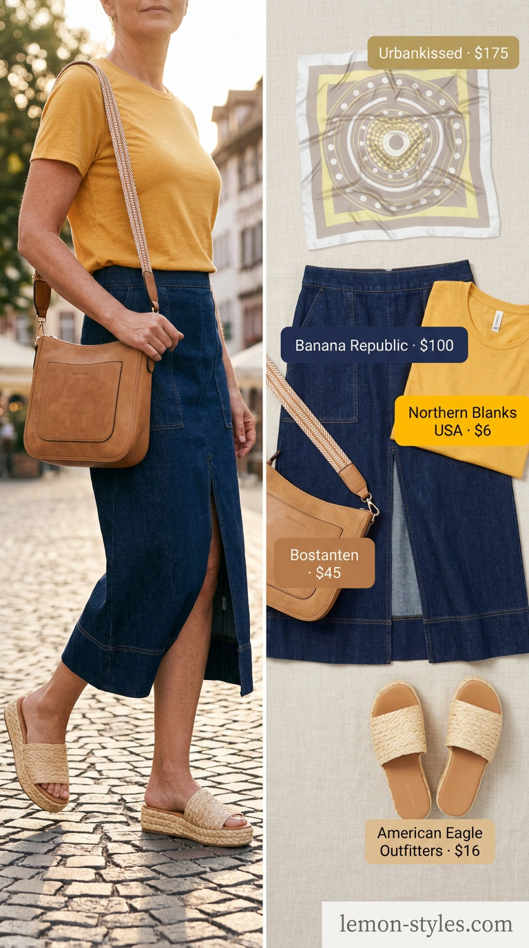 Classic summer outfit for women over 50 2026: Denim skirt, yellow tee, and espadrilles for a casual outing.