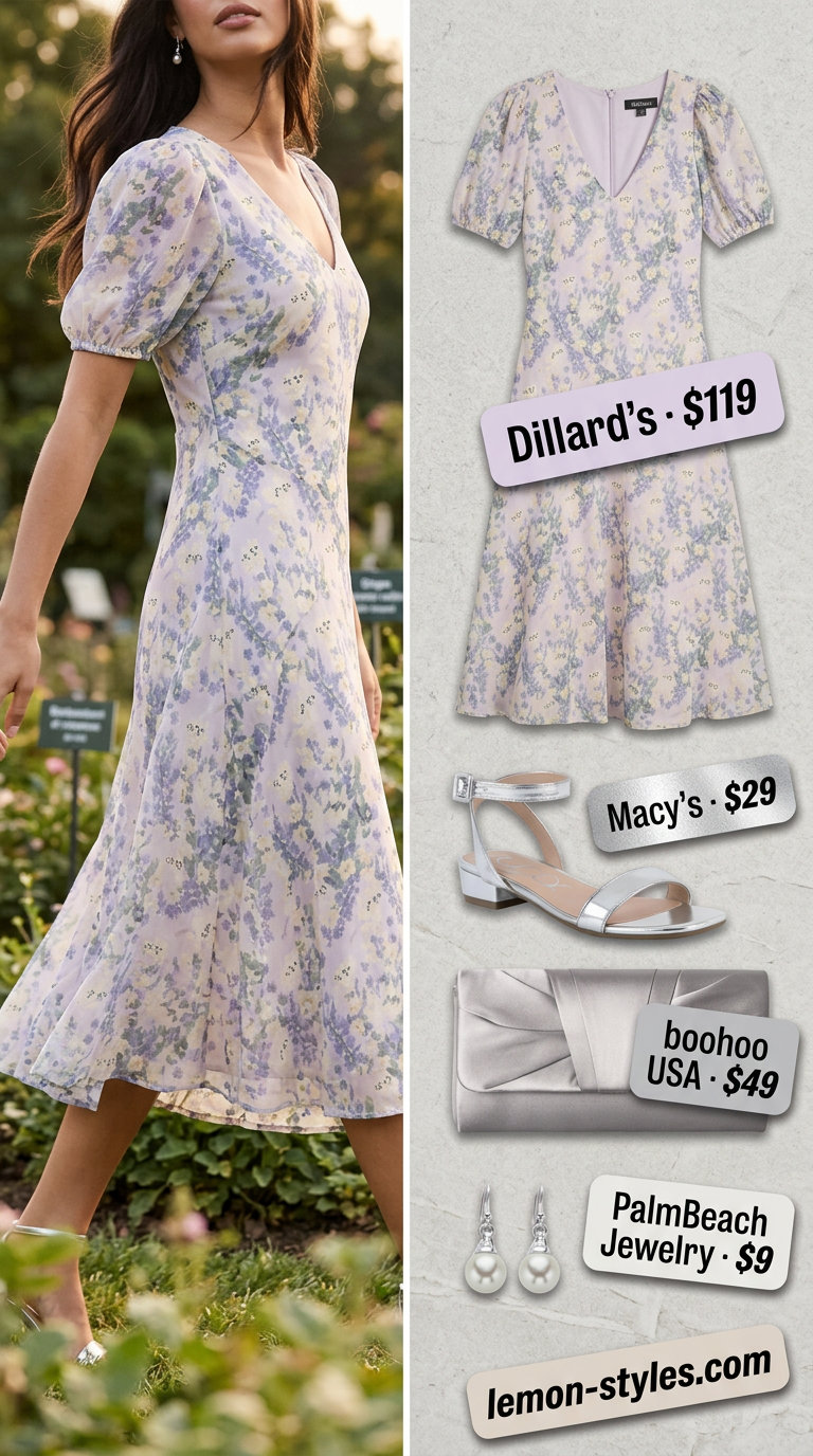 Classic summer outfit for women over 50 2026: Lavender floral dress, pearl earrings, and silver sandals for wedding guest.