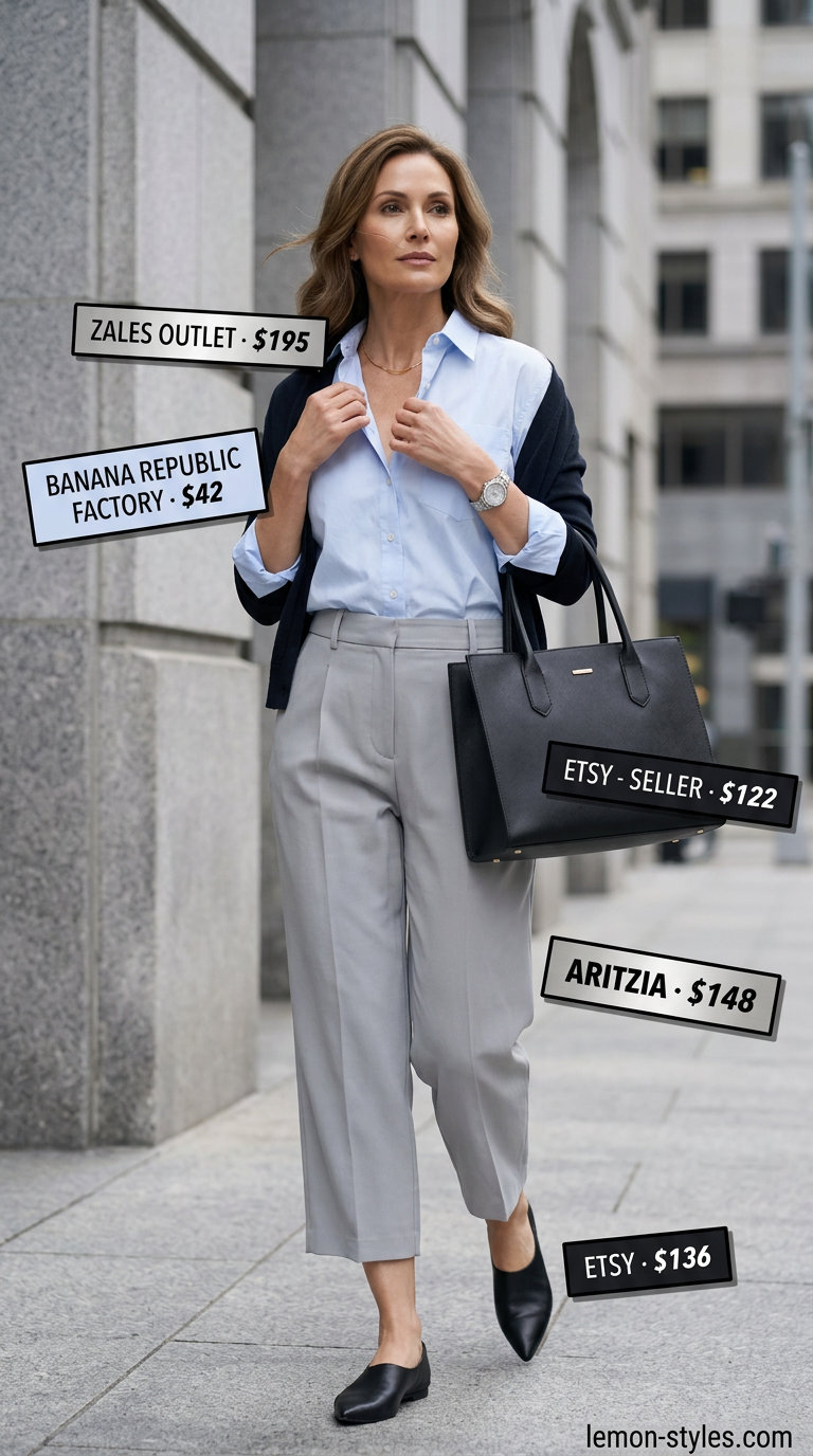 Classic summer outfit for women over 50 2026: Light grey trousers, pale blue shirt, black loafers for summer office.
