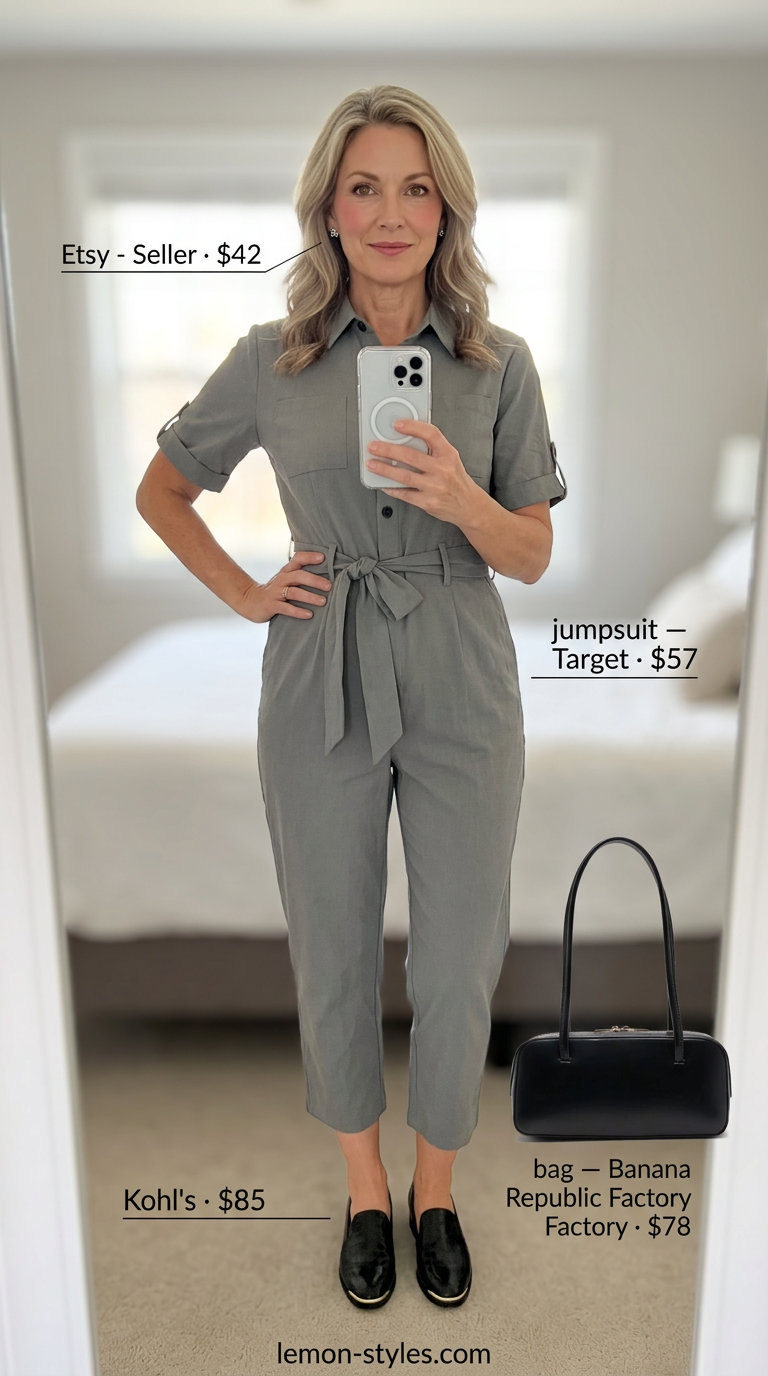 Classic summer outfit for women over 50 2026: Stone grey utility jumpsuit, loafers, structured bag for city sightseeing.