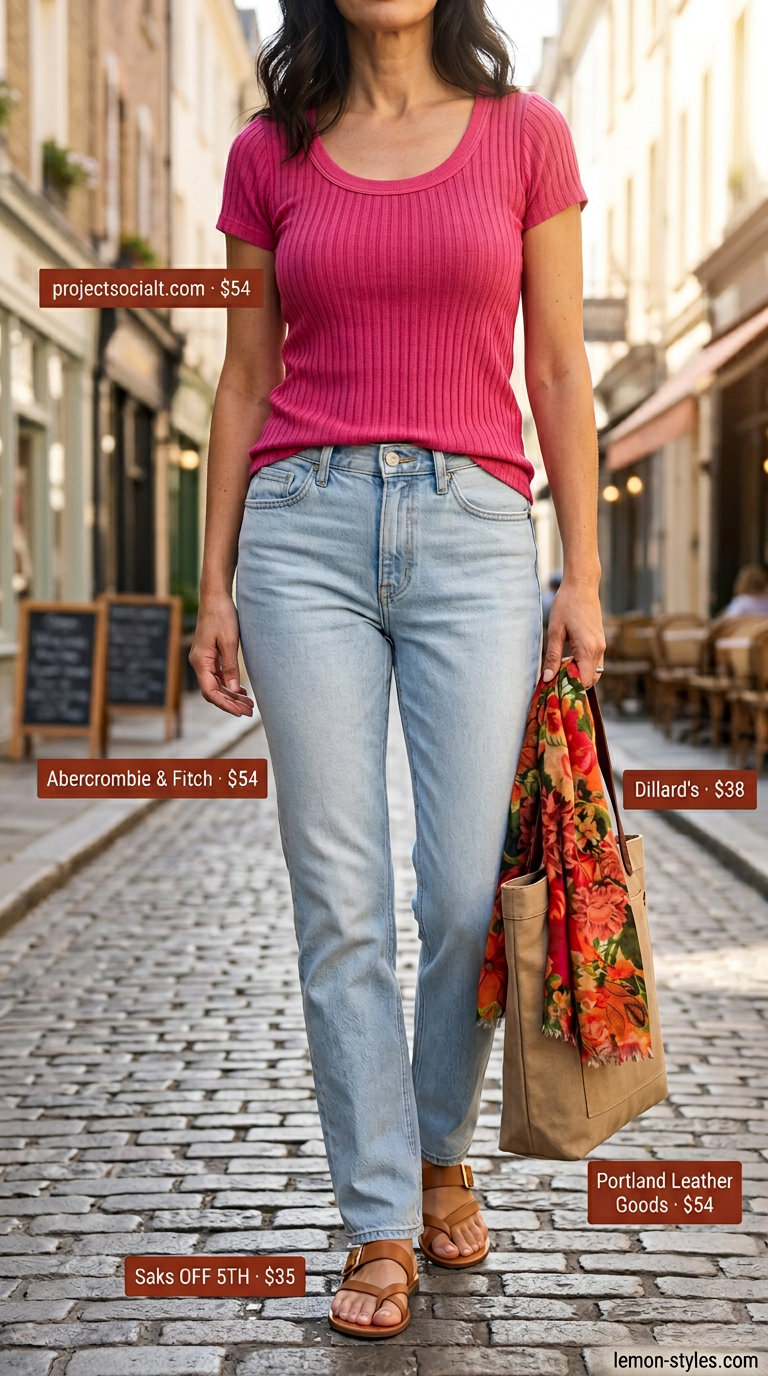 Classic summer outfit for women over 50 2026: Light wash jeans, fuchsia top, scarf for casual day.