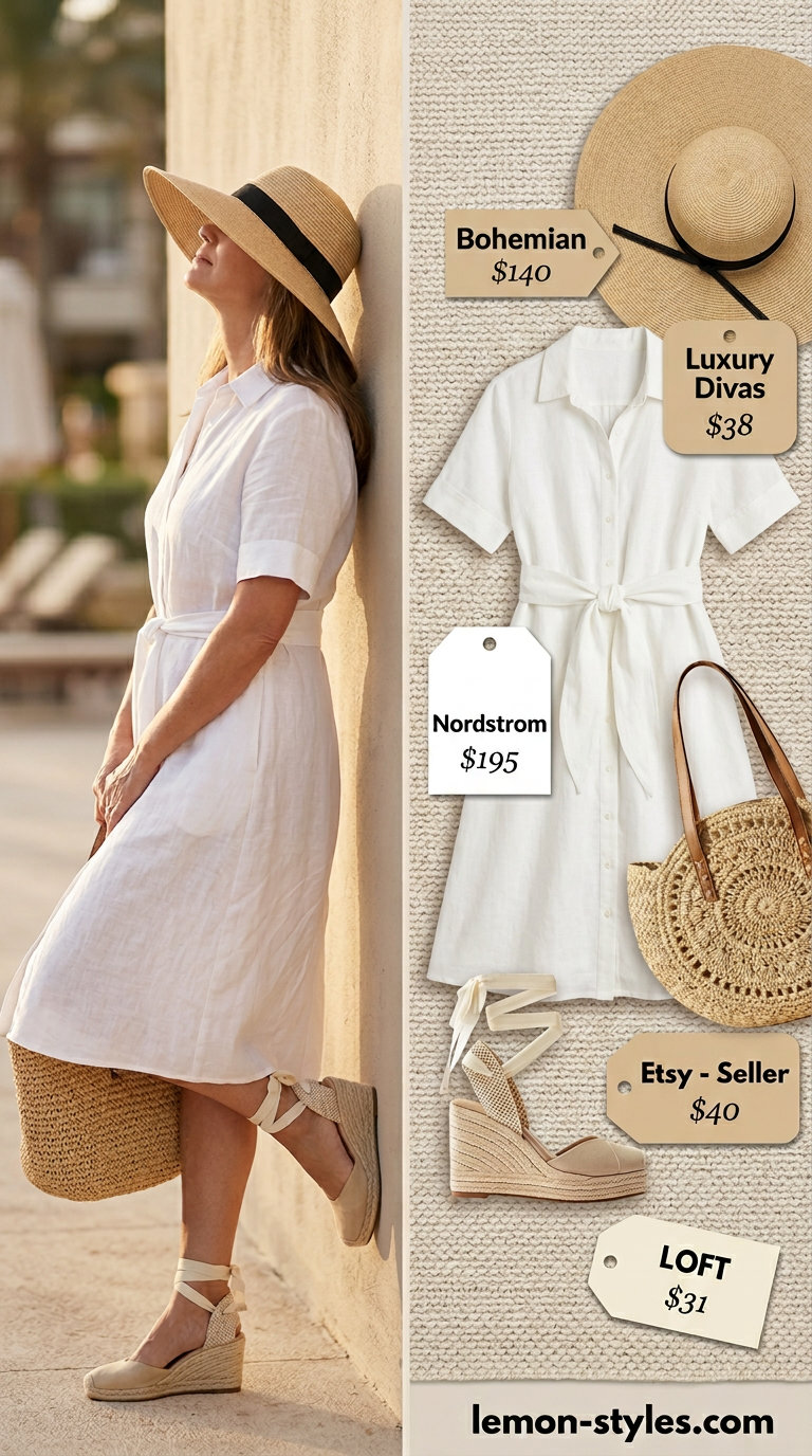 Classic summer outfit for women over 50 2026: White linen shirt dress, straw hat, and espadrilles for resort lunch.