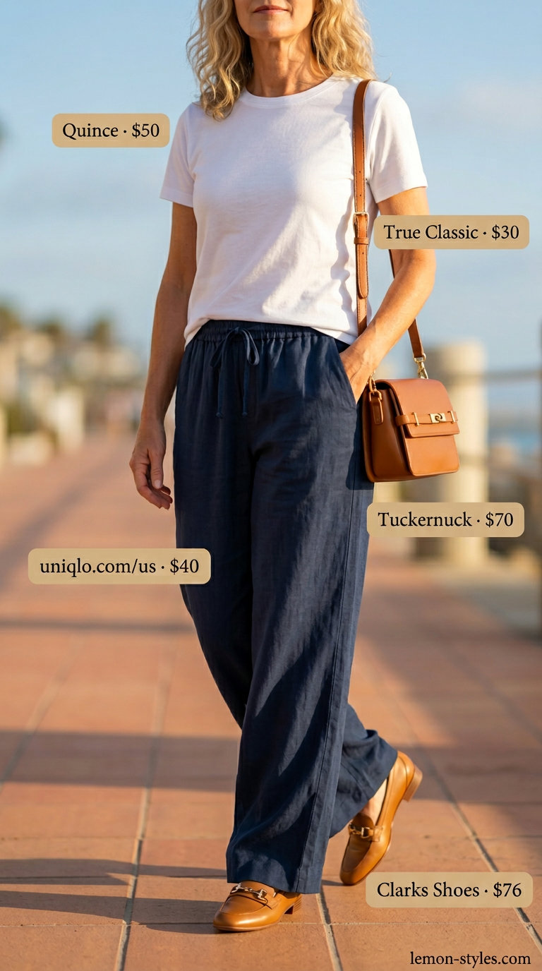 Classic summer outfit for women over 50 2026: Navy linen pants, white tee, loafers for casual lunch.