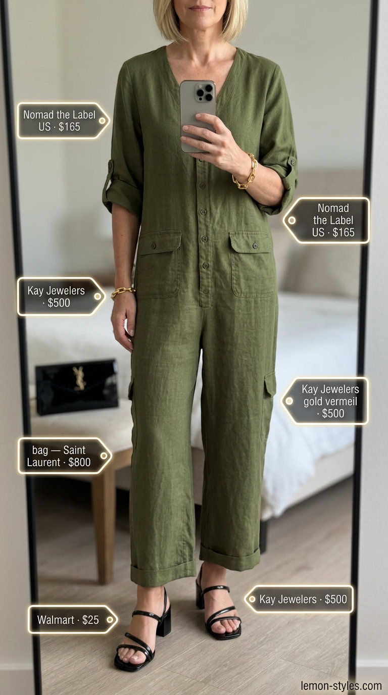 Classic summer outfit for women over 50 2026: Olive green jumpsuit, gold bracelet, strappy sandals for dinner.