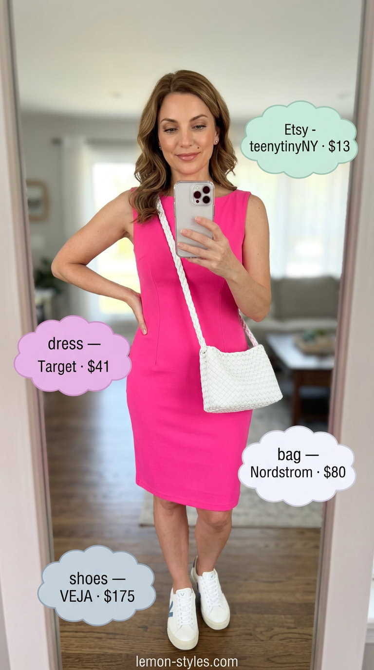 Classic summer outfit for women over 50 2026: Hot pink shift dress, white sneakers, and silver accessories for a daytime event.