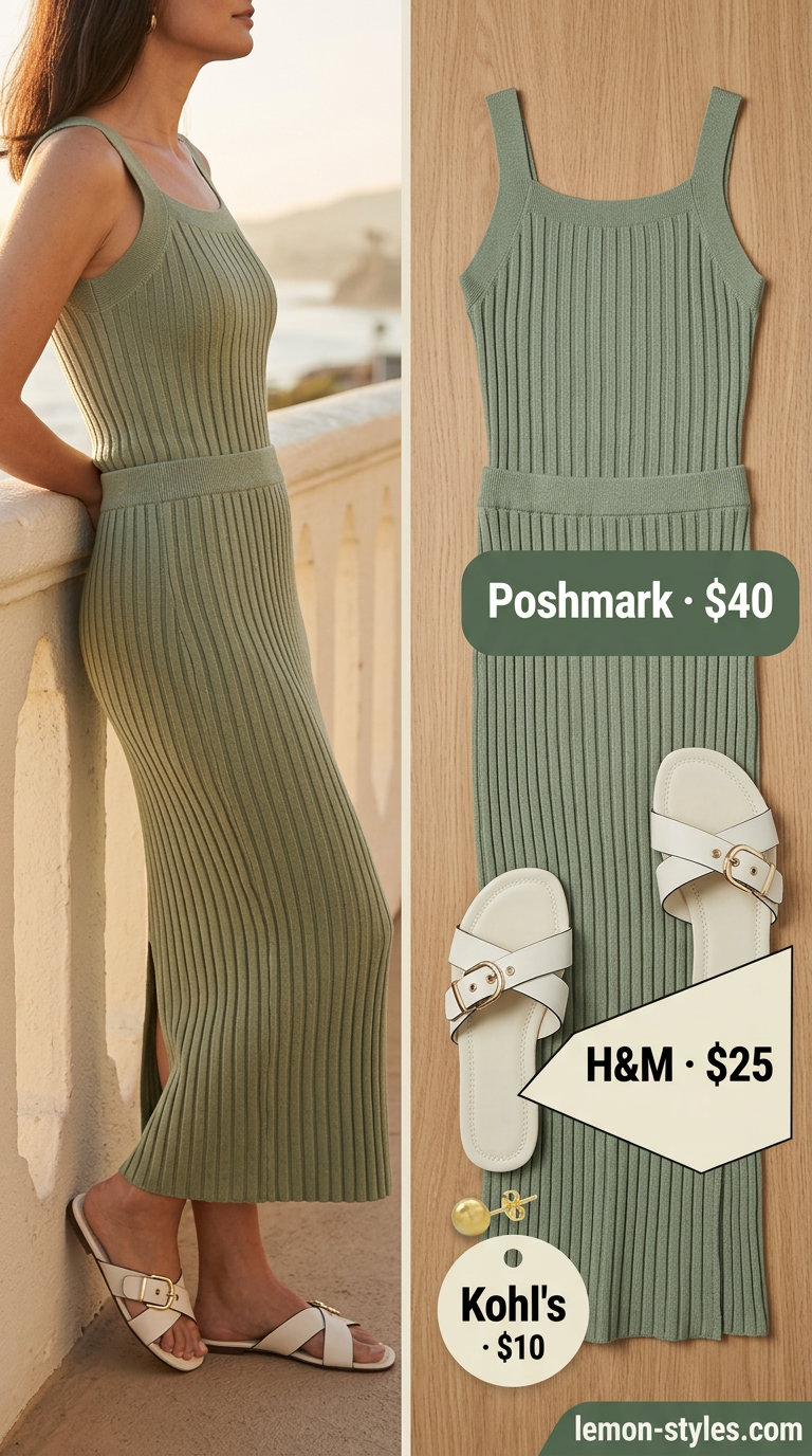 Classic summer outfit for women over 50 2026: Sage green knit set, cream slides, wood clutch for casual gathering.