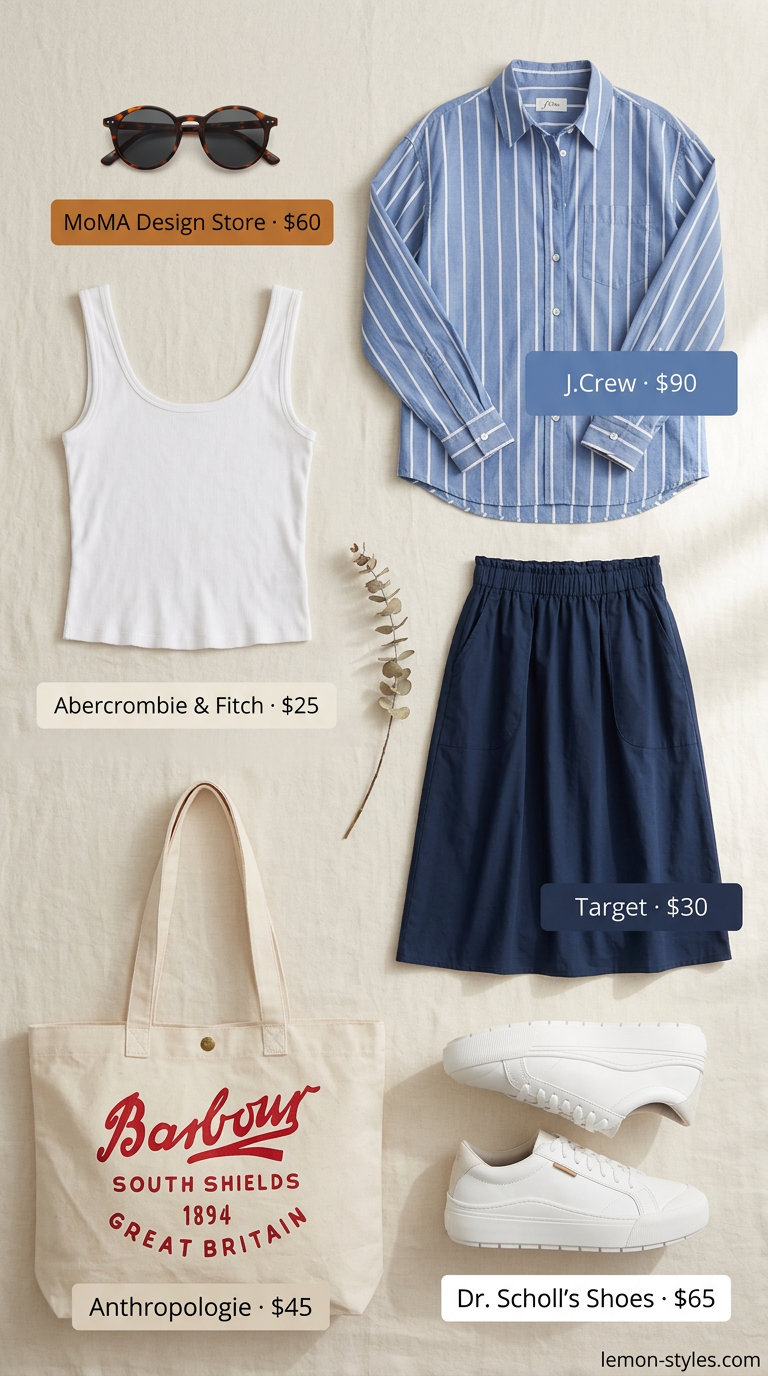 Classic summer outfit for women over 50 2026: Striped button-down, midi skirt, and sneakers for weekend errands.