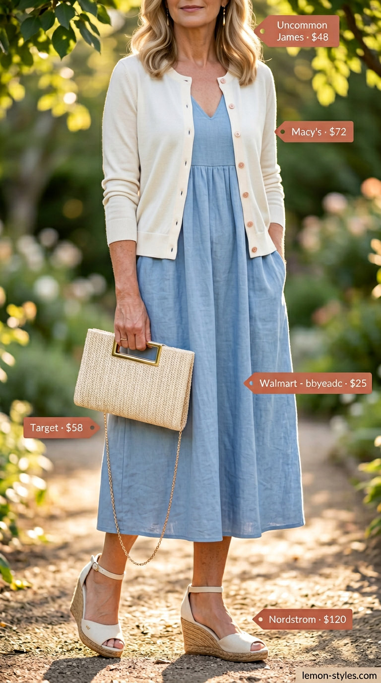Classic summer outfit for women over 50 2026: Sky blue sundress, knit cardigan, and straw clutch for garden party.