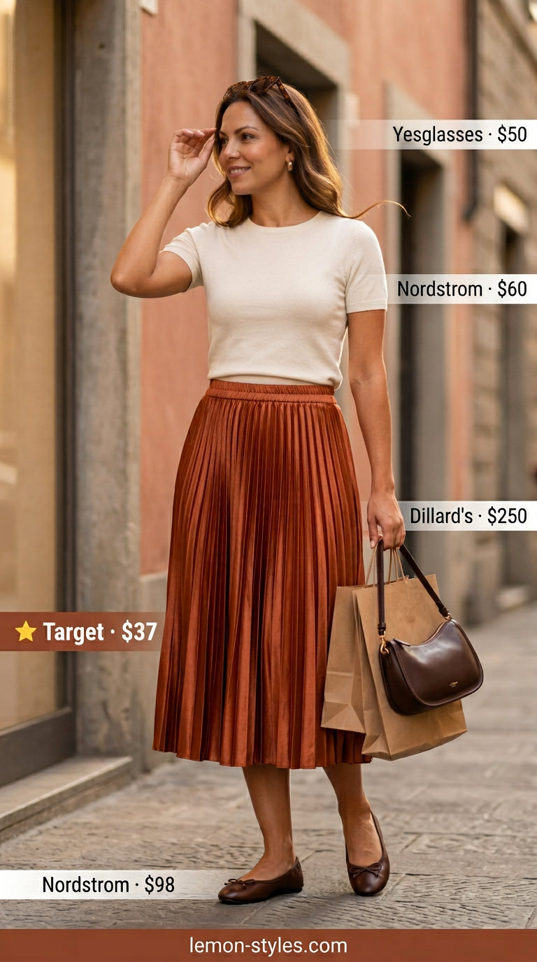 Classic summer outfit for women over 50 2026: Terracotta pleated skirt, cream sweater, brown bag for art gallery.
