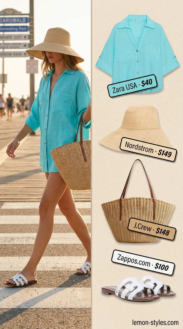 Colorful summer neon outfits for women 2026: Aqua blue linen set with white slides and a straw tote and hat.