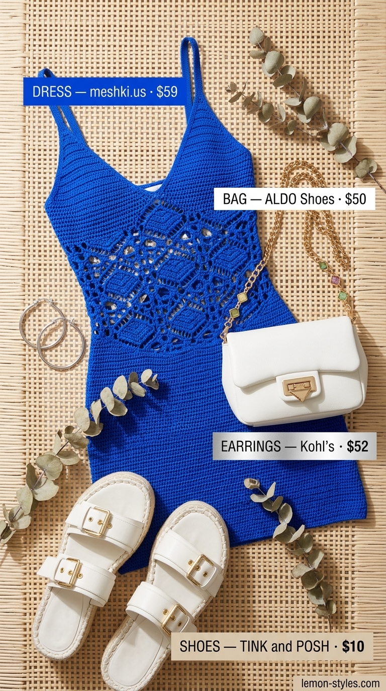 Colorful summer neon outfits for women 2026: Electric blue crochet dress, white bag, silver hoops for beach day.