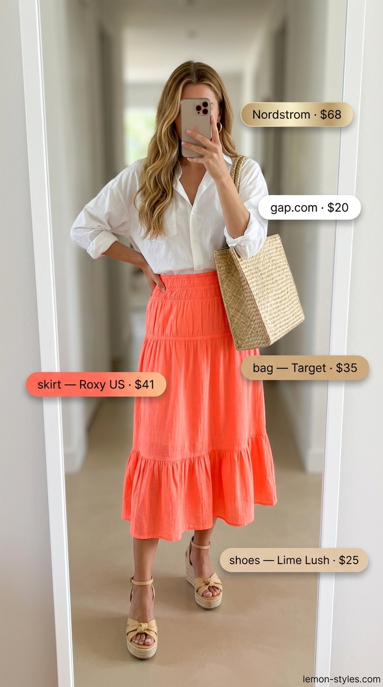 Colorful summer neon outfits for women 2026: Neon coral midi skirt, white shirt, tan wedges for brunch.