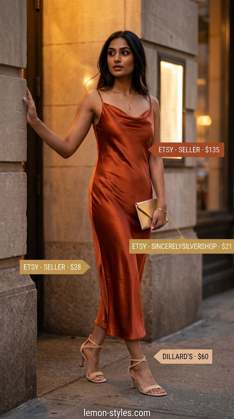 Colorful summer neon outfits for women 2026: Coral orange slip dress, gold heels, nude sandals for date night.