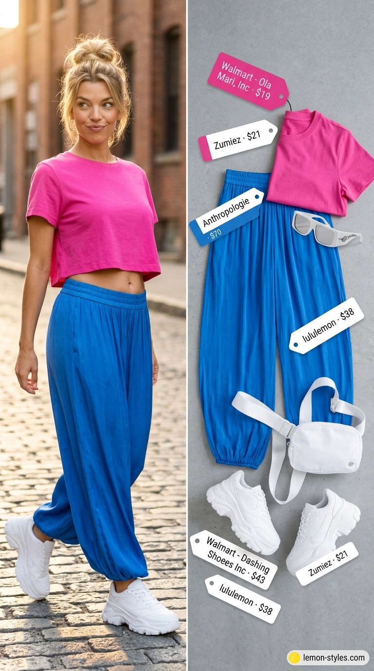 Colorful summer neon outfits for women 2026: Electric blue wide-leg pants with neon pink crop top for a casual day.