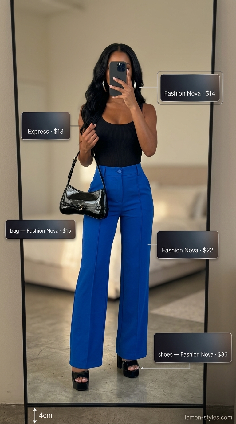 Colorful summer neon outfits for women 2026: Electric blue wide-leg pants with black bodysuit for a sleek night out.