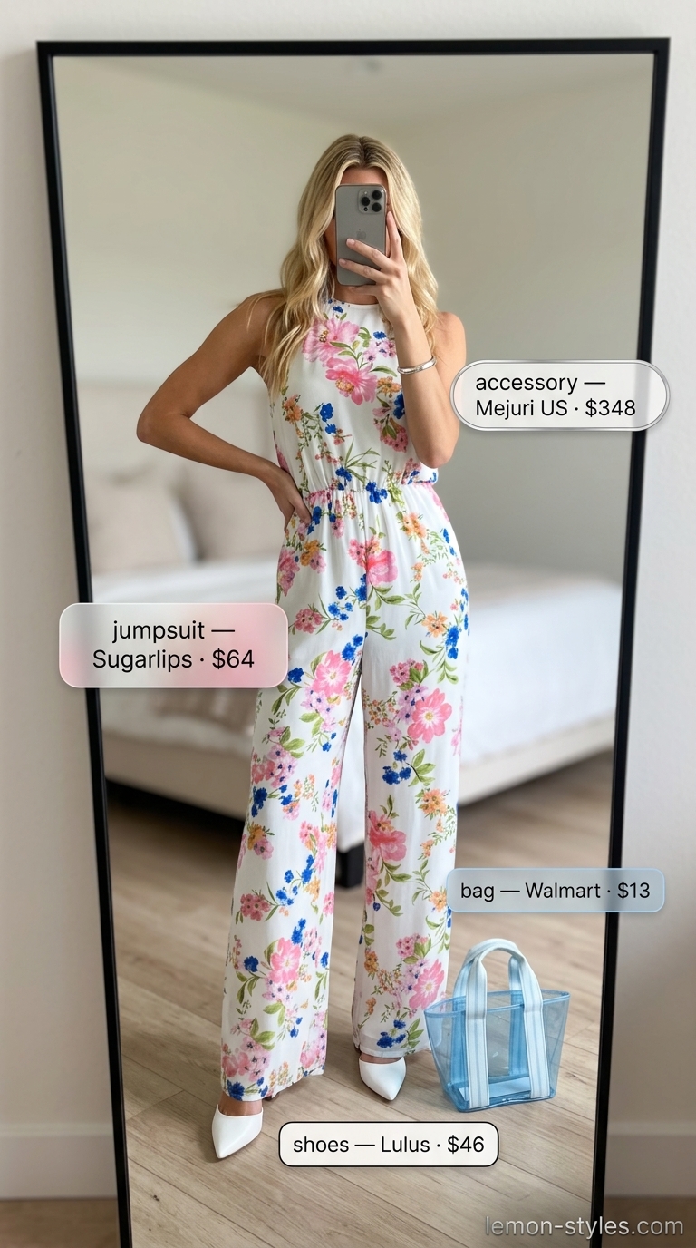 Colorful summer neon outfits for women 2026: Electric blue & neon pink jumpsuit, white heels for summer party.