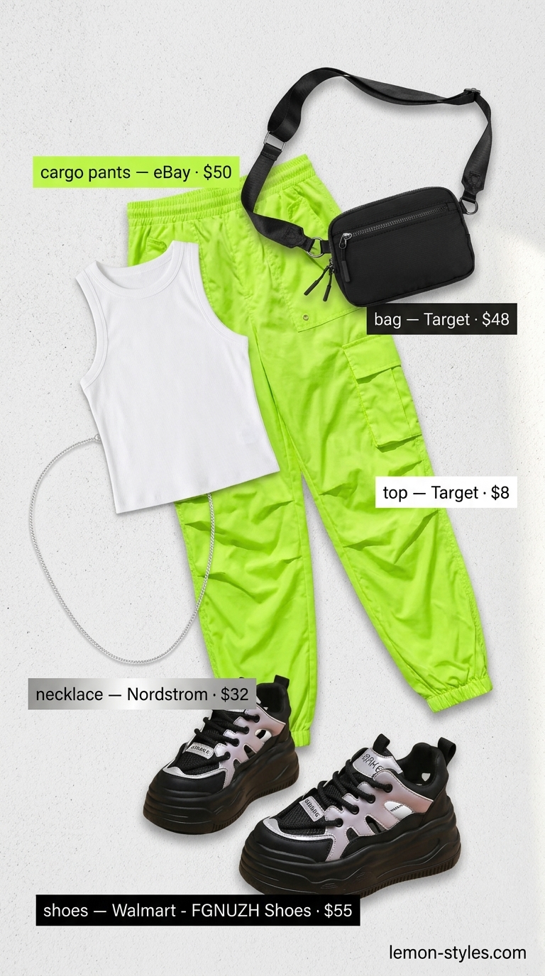 Colorful summer neon outfits for women 2026: Neon green cargo pants, white tank, chunky sneakers for street style.