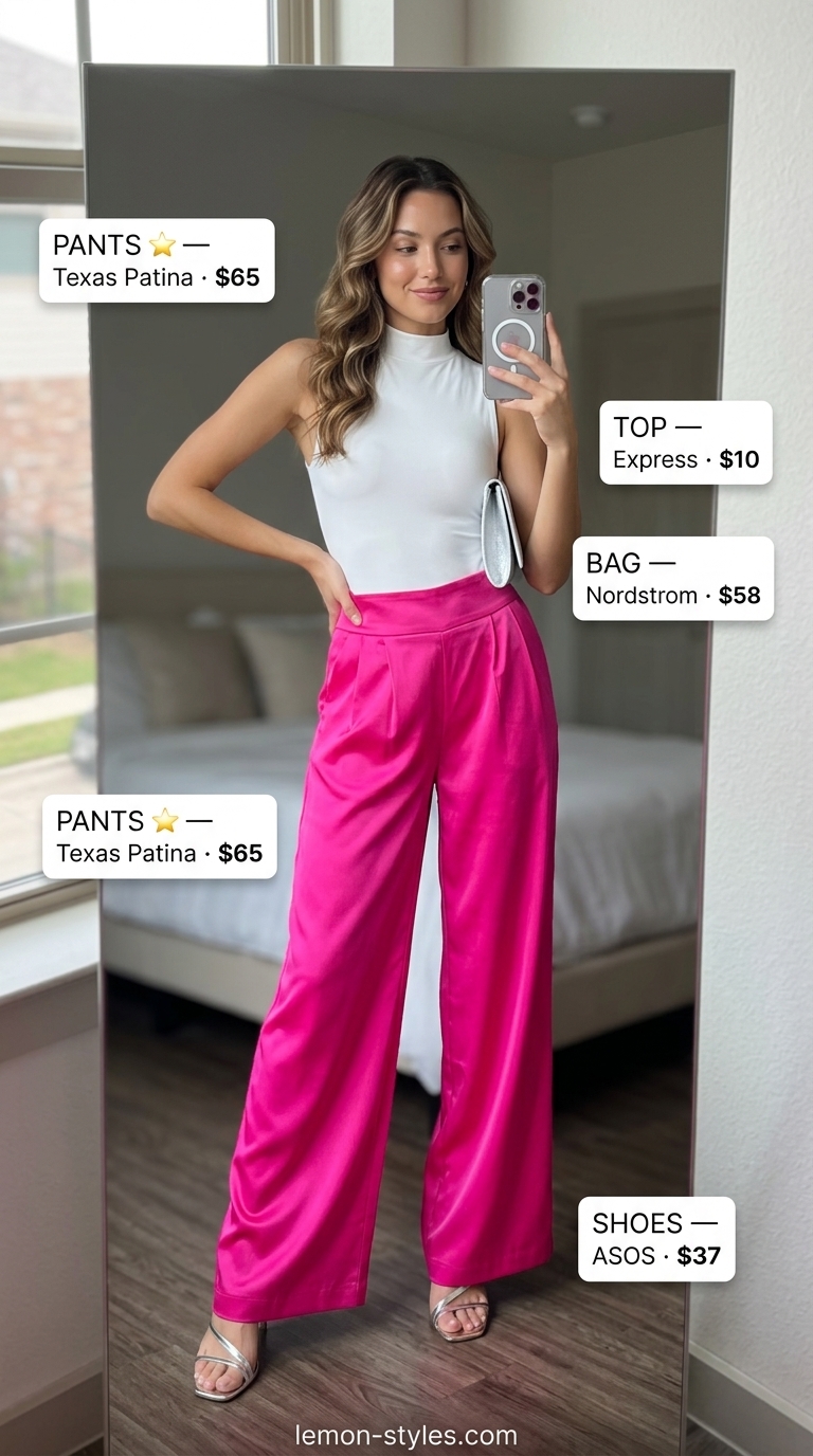 Colorful summer neon outfits for women 2026: Hot pink satin wide-leg pants with a white ribbed top and silver heeled sandals.