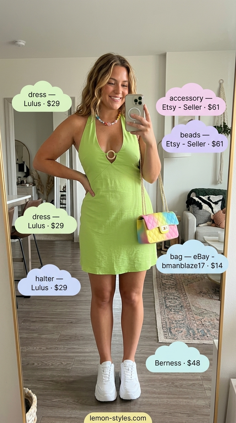Colorful summer neon outfits for women 2026: Lime green halter dress with chunky sneakers and a colorful beaded necklace.