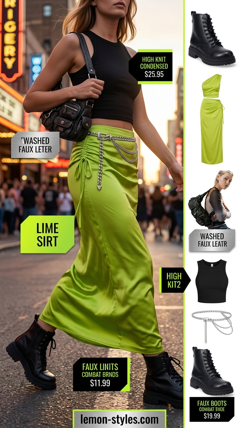 Colorful summer neon outfits for women 2026: Lime green satin maxi skirt with a black crop top, combat boots and silver belt.