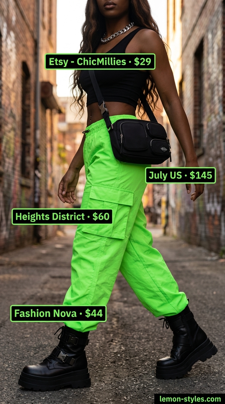 Colorful summer neon outfits for women 2026: Neon green cargo pants with hot pink crop top for edgy streetwear.