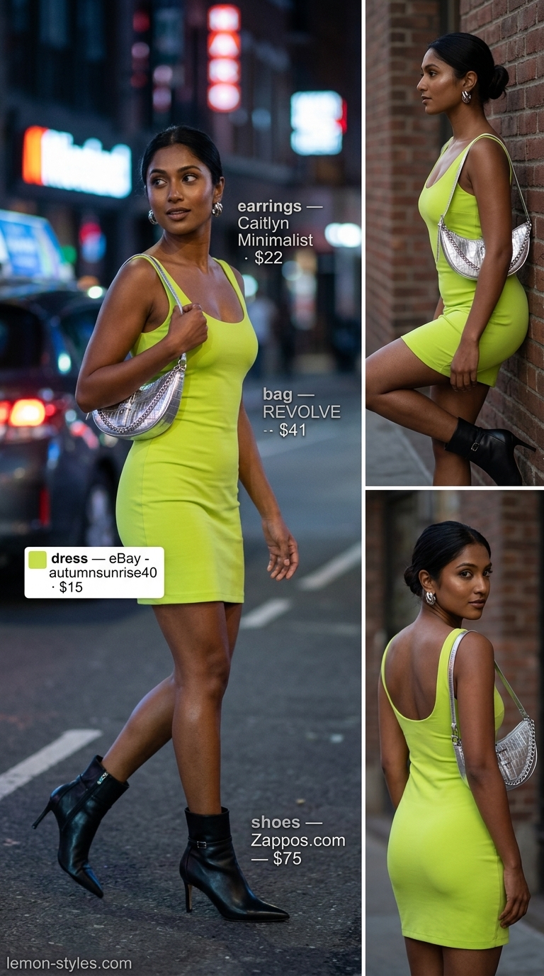Colorful summer neon outfits for women 2026: Neon lime green bodycon dress with black ankle boots for a night out.