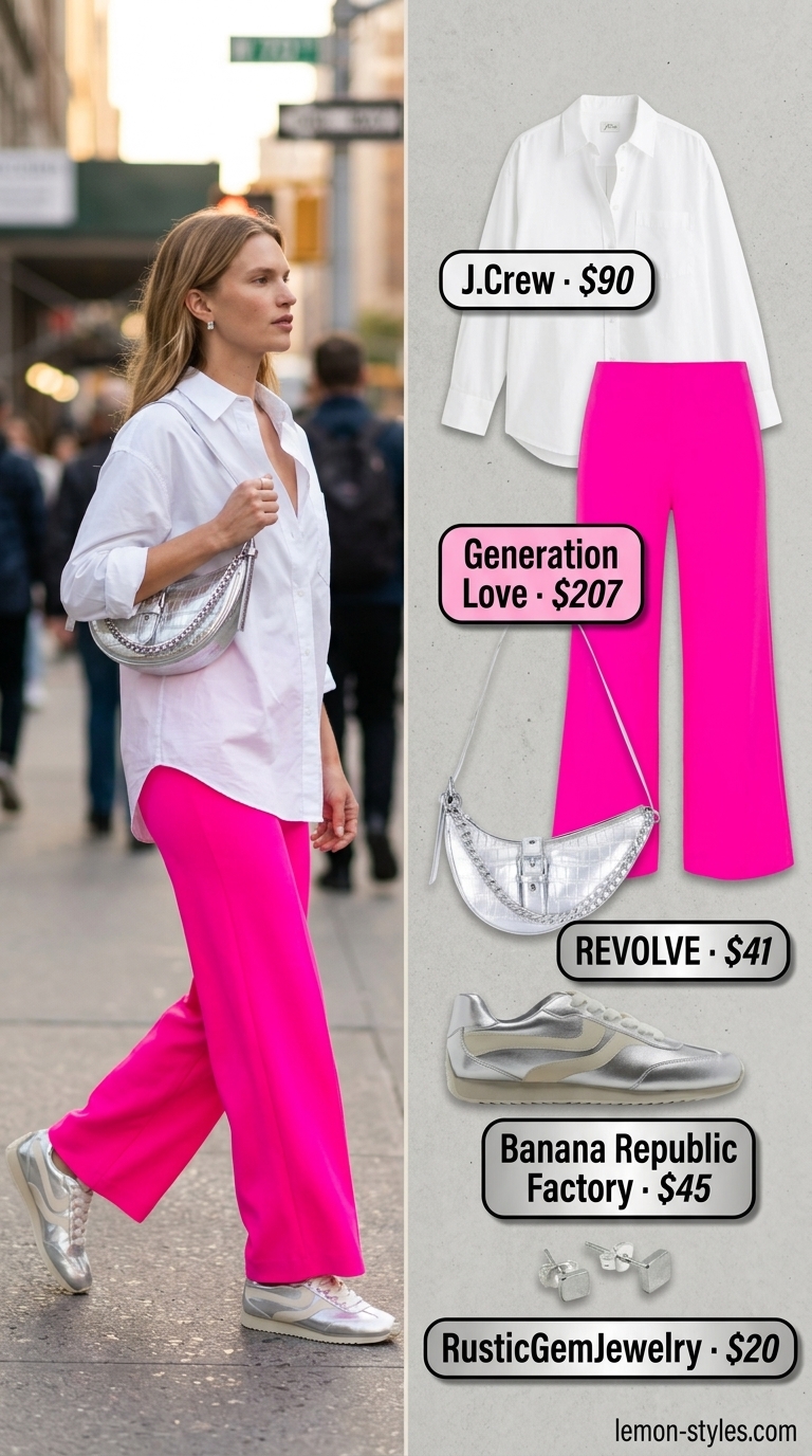 Colorful summer neon outfits for women 2026: Neon pink wide-leg pants with an oversized white shirt and silver sneakers.