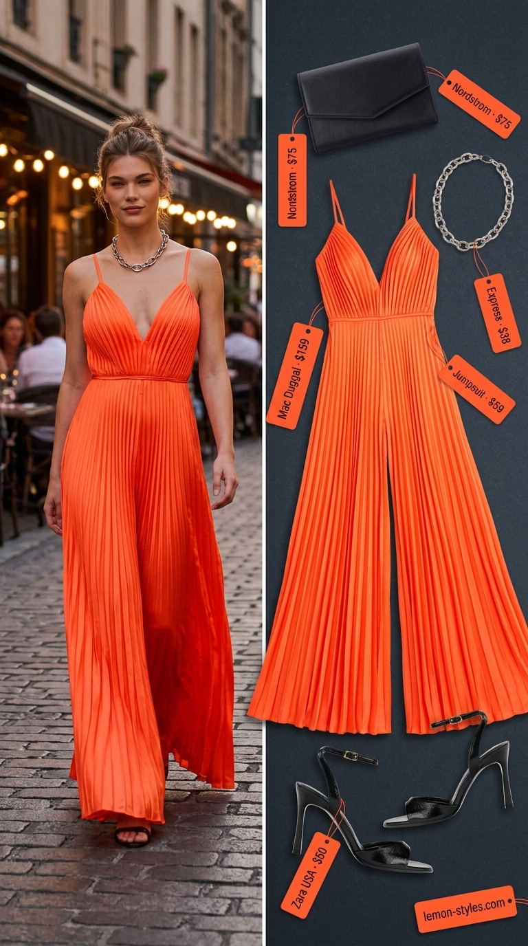 Colorful summer neon outfits for women 2026: Neon orange jumpsuit, black clutch, silver necklace for evening.