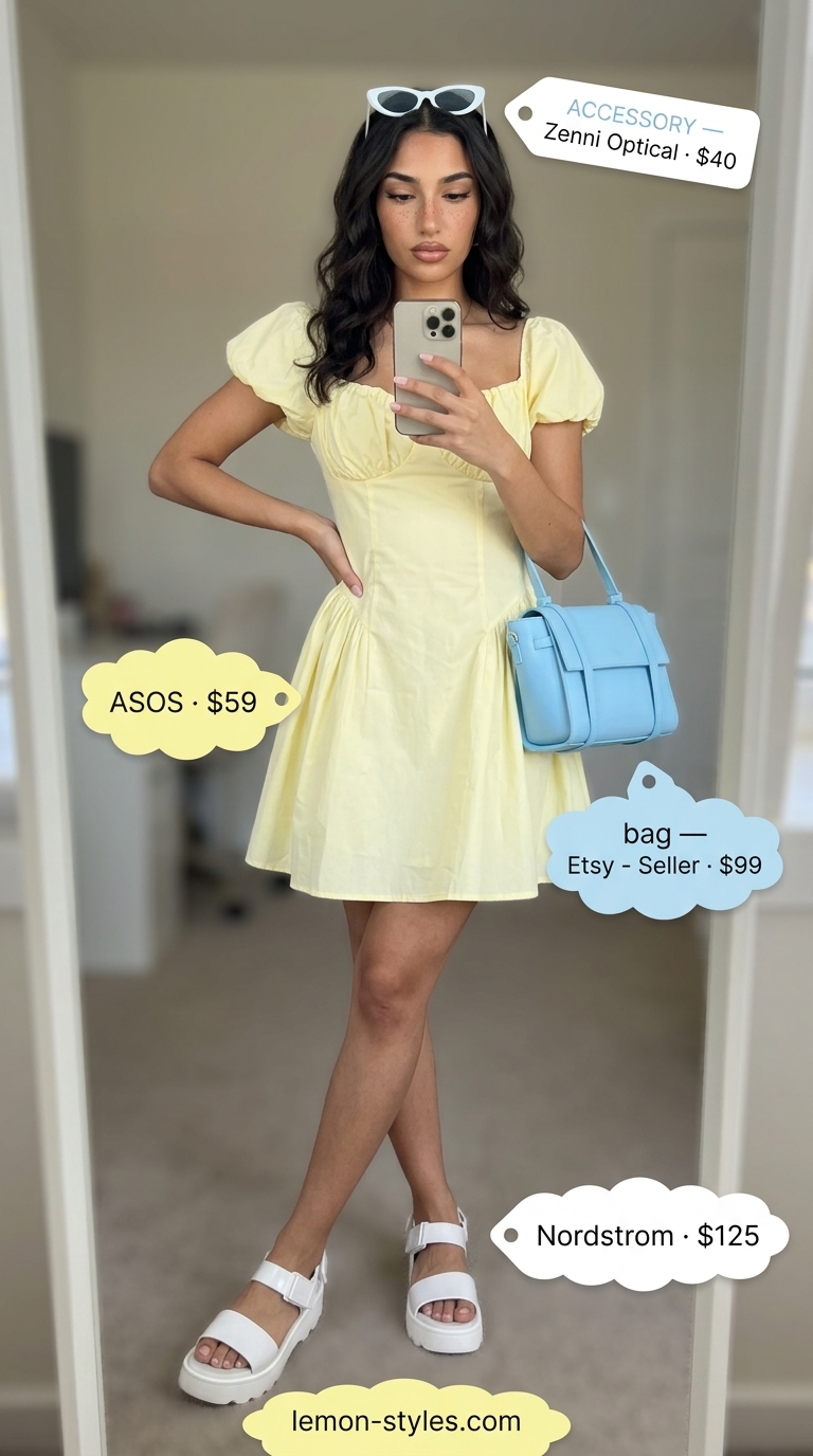 Colorful summer neon outfits for women 2026: Sunny yellow mini sundress with white sandals for a casual day out.