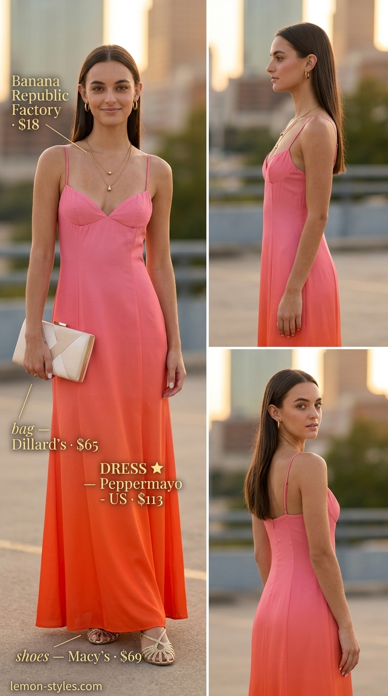 Colorful summer neon outfits for women 2026: Sunset ombre maxi dress with gold jewelry for a romantic summer evening.