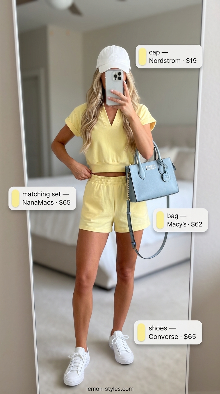 Colorful summer neon outfits for women 2026: Yellow knit matching set with white sneakers and a blue crossbody bag.