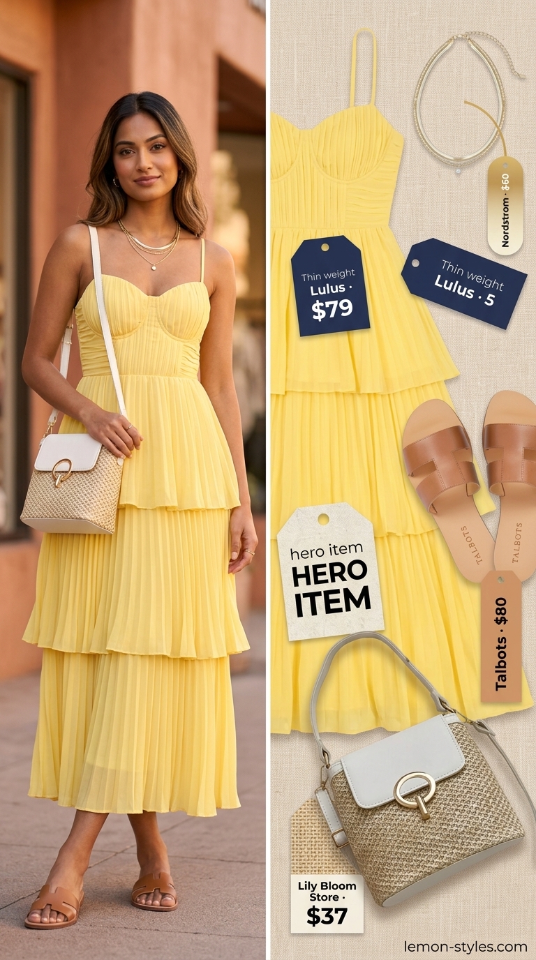 Colorful summer neon outfits for women 2026: Sunny yellow sundress, tan sandals, straw bag for brunch.