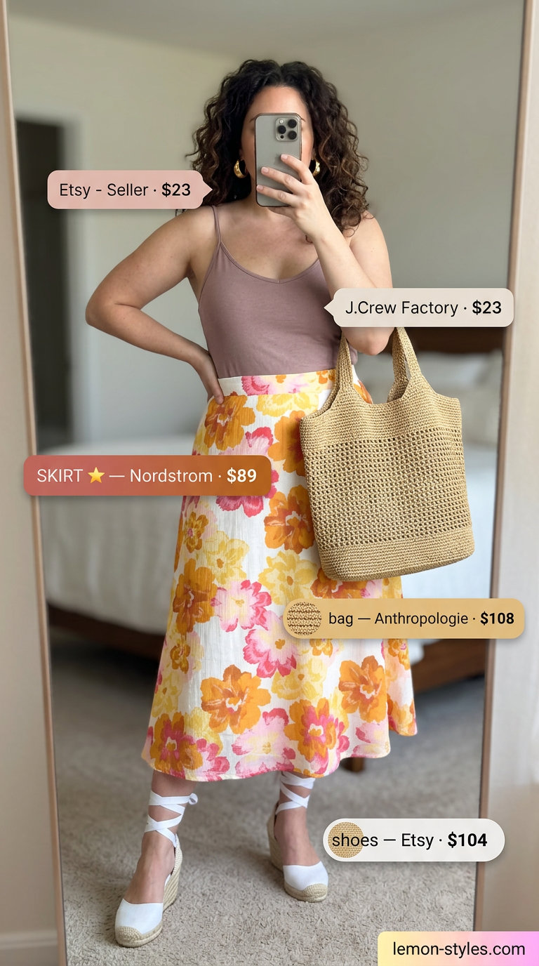 Confident midsize outfits summer 2026: Floral midi skirt, rust camisole, espadrille wedges, raffia bag & gold hoops.