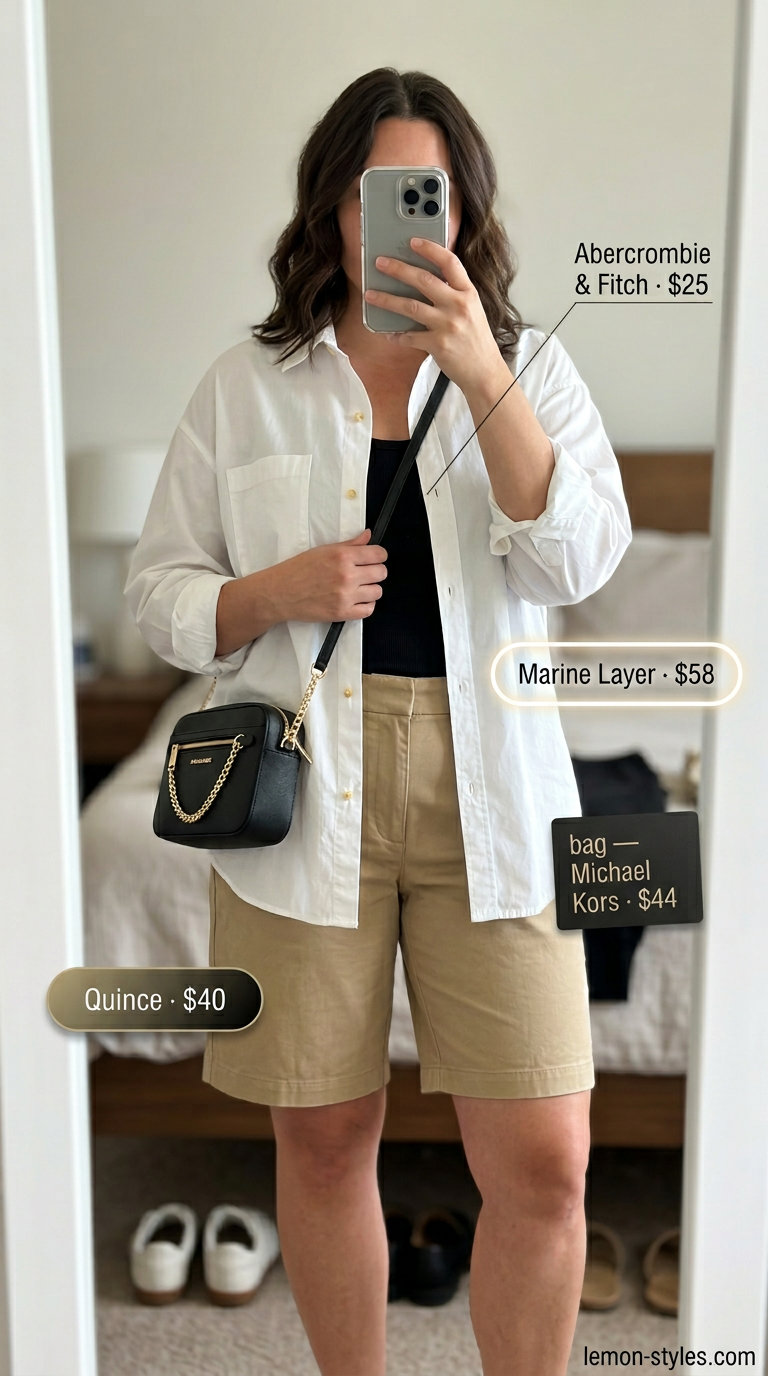 Confident midsize outfits summer 2026: Khaki Bermuda shorts, white shirt, black cami, crossbody & slides.