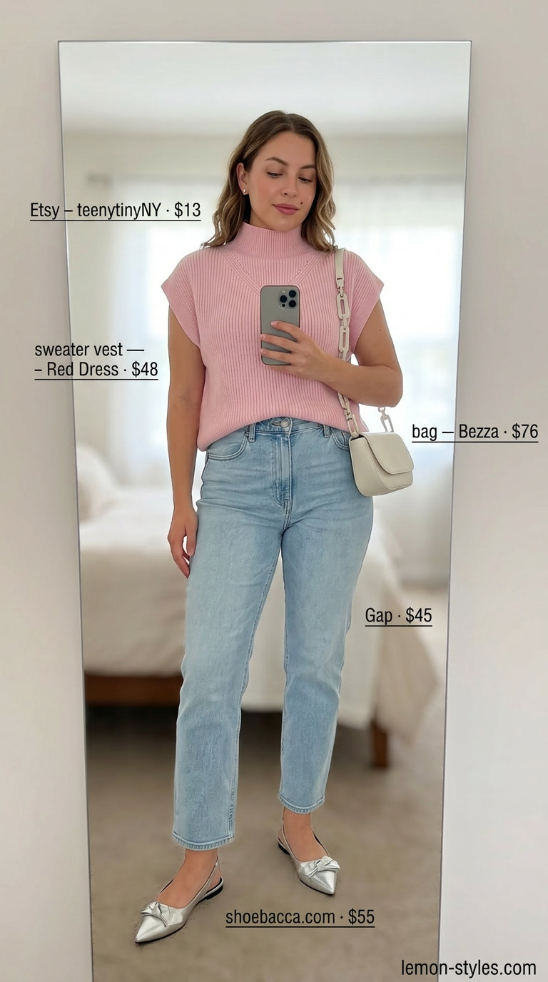 Confident midsize outfits summer 2026: Light wash jeans, blush pink top, silver flats, silver earrings & white bag.