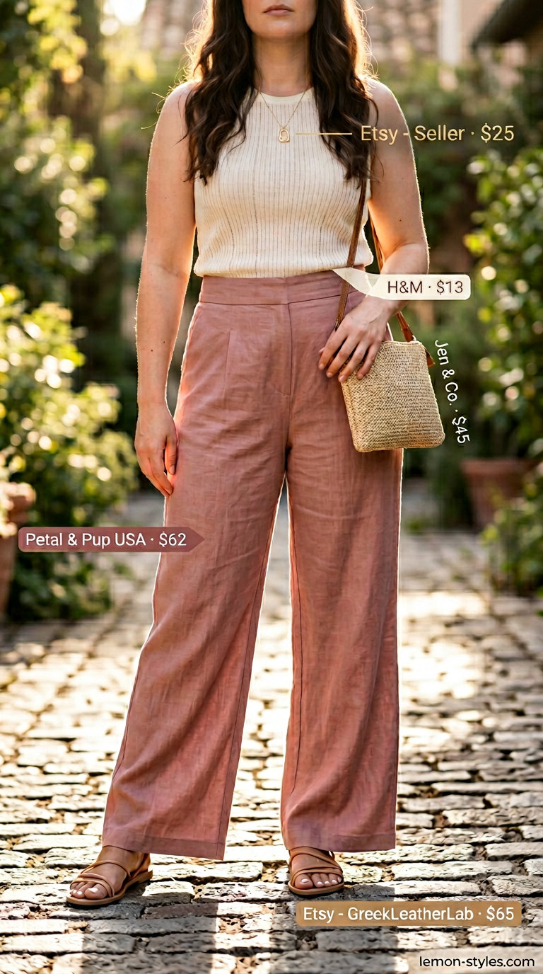 Confident midsize outfits summer 2026: Dusty rose linen pants, cream tank, tan sandals, gold necklace & straw bag.