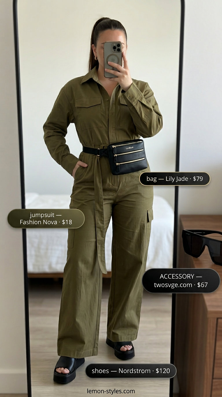 Confident midsize outfits summer 2026: Olive green utility jumpsuit, black belt bag, sunglasses & platform sandals.