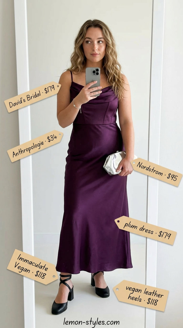 Confident midsize outfits summer 2026: Deep plum maxi slip dress, silver clutch, strappy heels & bracelet.