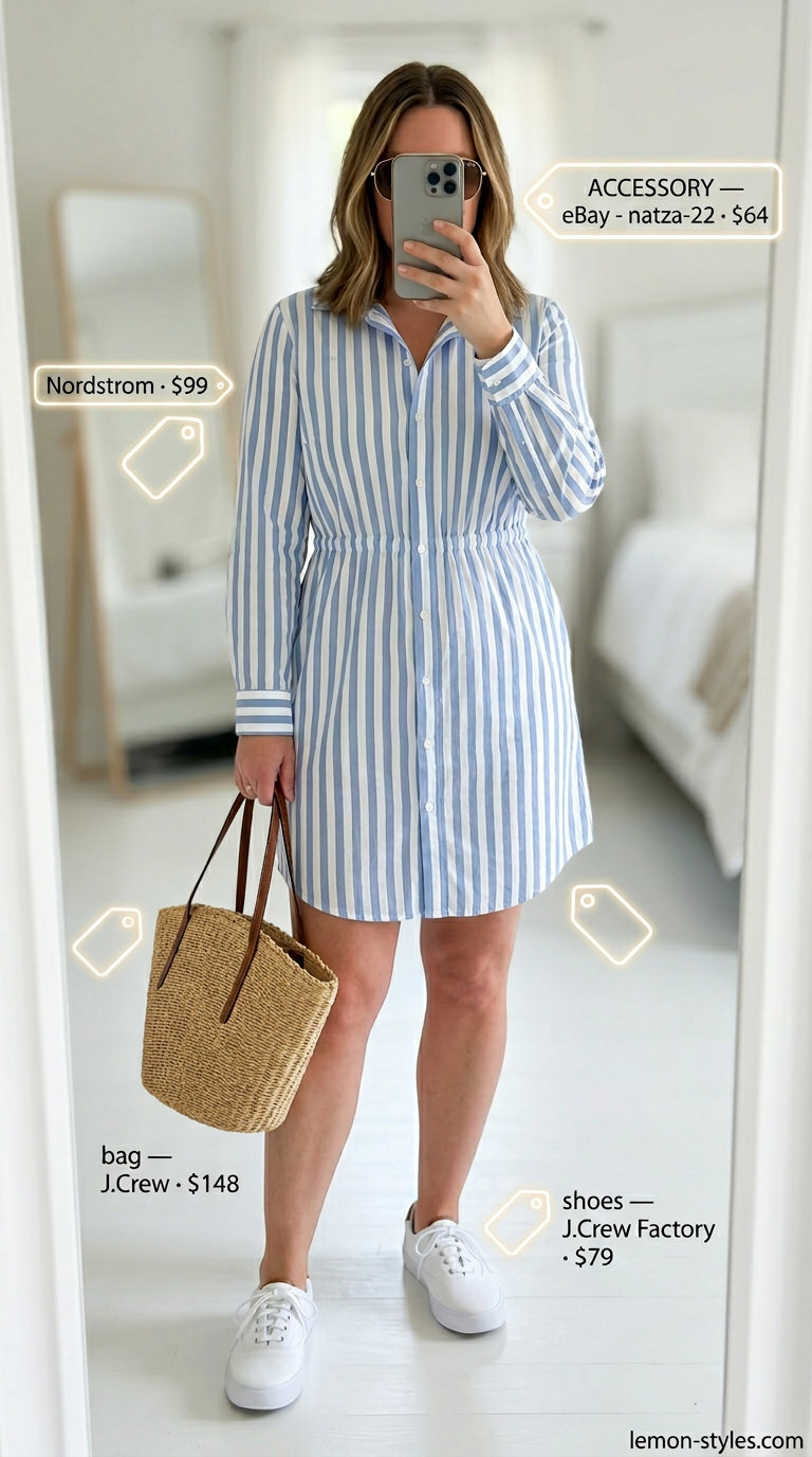 Confident midsize outfits summer 2026: Sky blue stripe mini shirt dress, straw tote, canvas sneakers & aviators.
