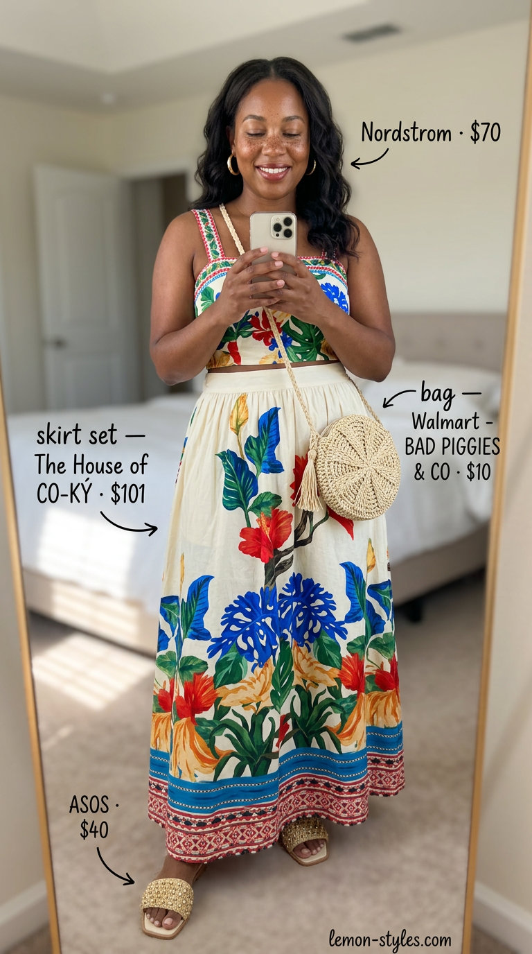 Confident midsize outfits summer 2026: Tropical print matching set, straw bag, embellished sandals & gold hoops.
