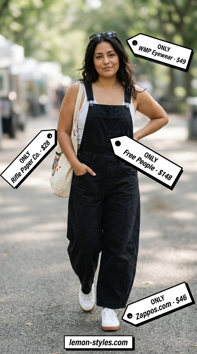 Confident midsize outfits summer 2026: Black denim overalls, mustard tee, white sneakers for an urban artist vibe.