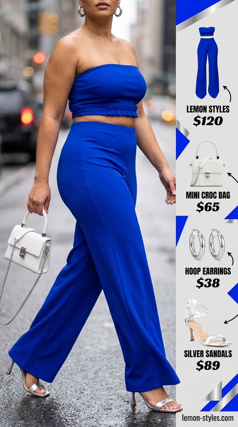 Confident midsize outfits summer 2026: Electric blue satin co-ord set with silver heels for a summer party.