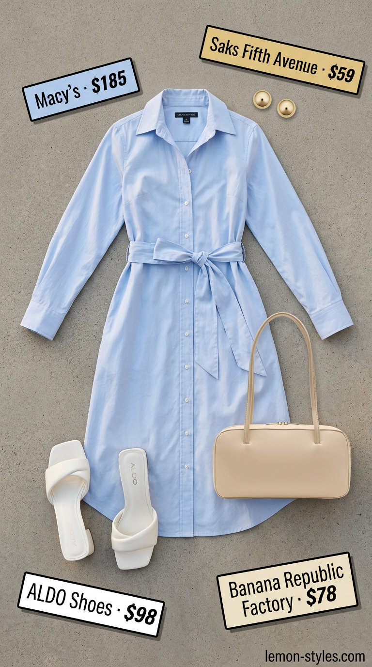 Confident midsize outfits summer 2026: Sky blue midi shirt dress, white block heels, tan shoulder bag for office.