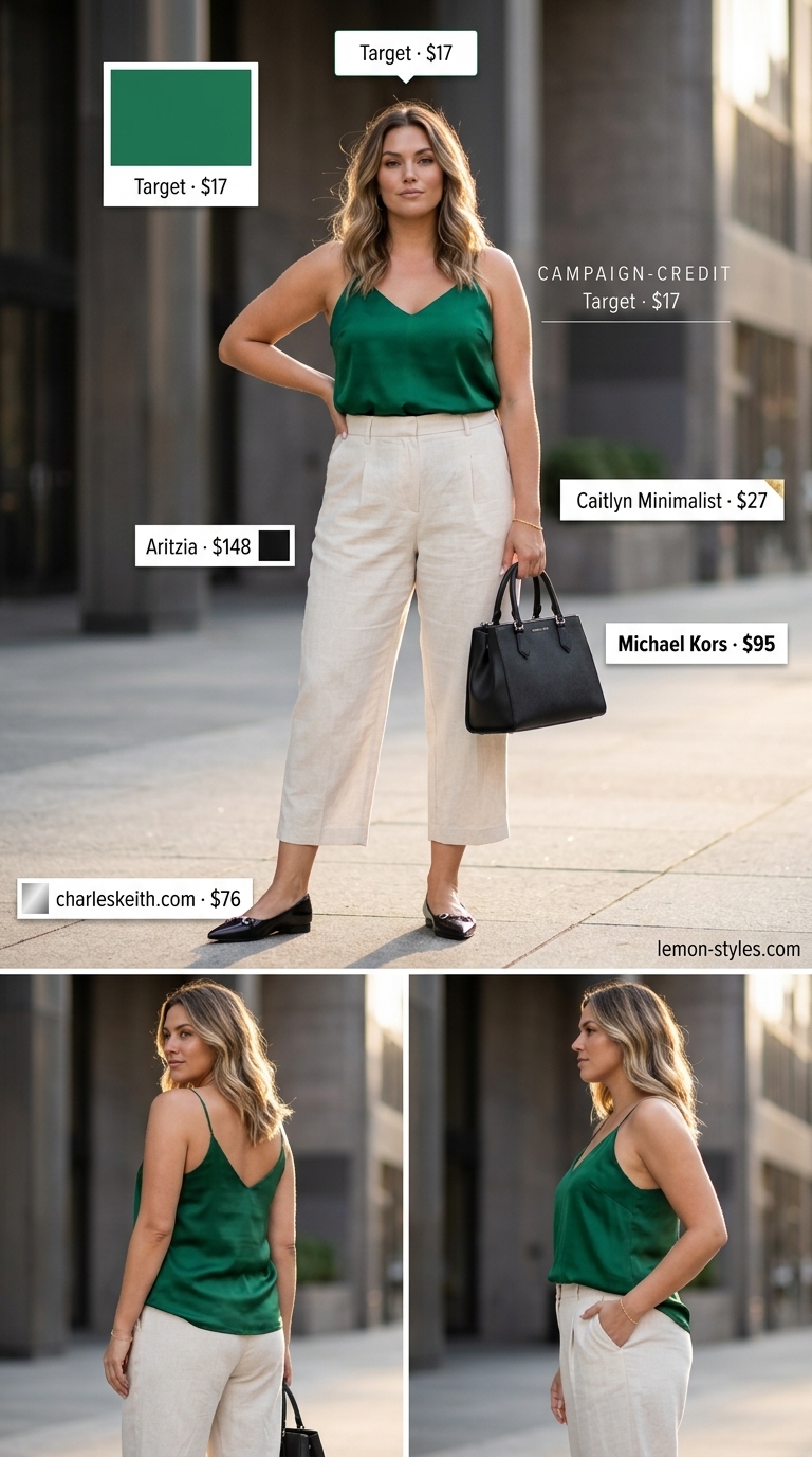 Confident midsize outfits summer 2026: Emerald green silk blouse, ivory trousers, black flats for business casual.