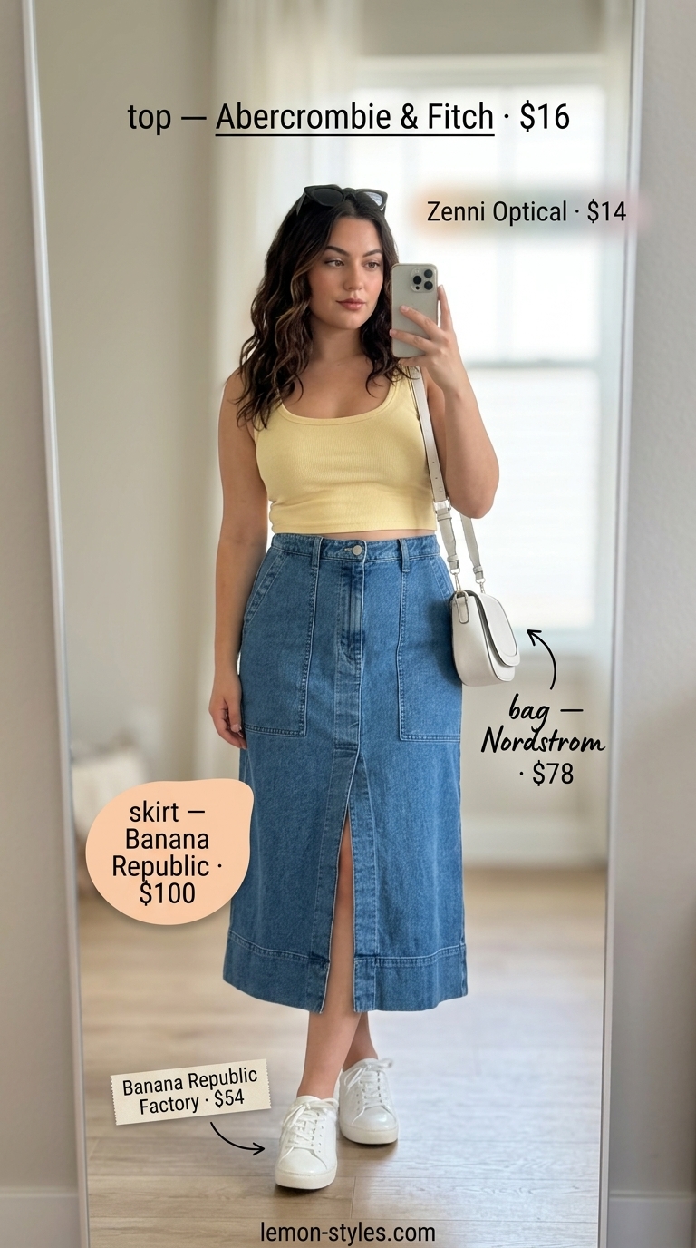 Confident midsize outfits summer 2026: Yellow tank, denim midi skirt, white sneakers for weekend brunch.