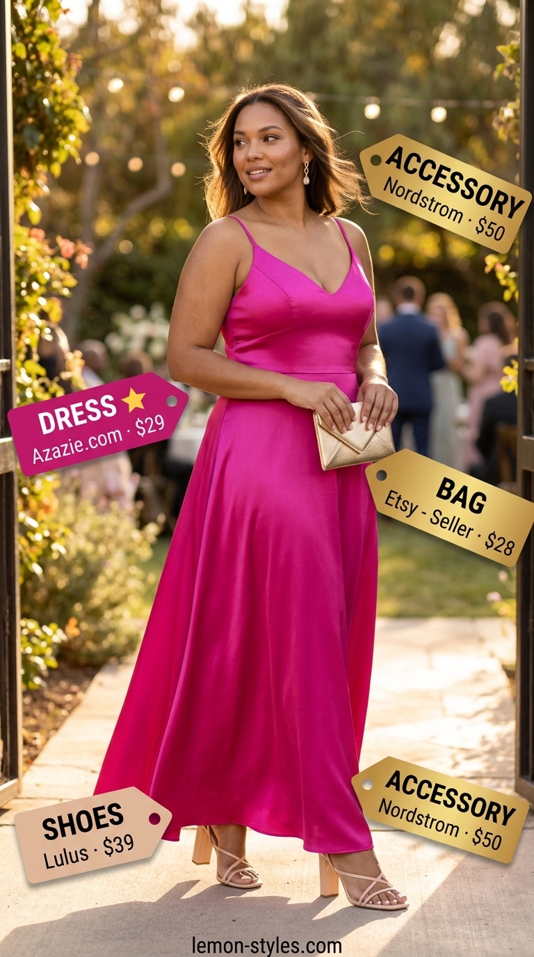 Confident midsize outfits summer 2026: Fuchsia satin dress, gold heels for summer wedding guest.